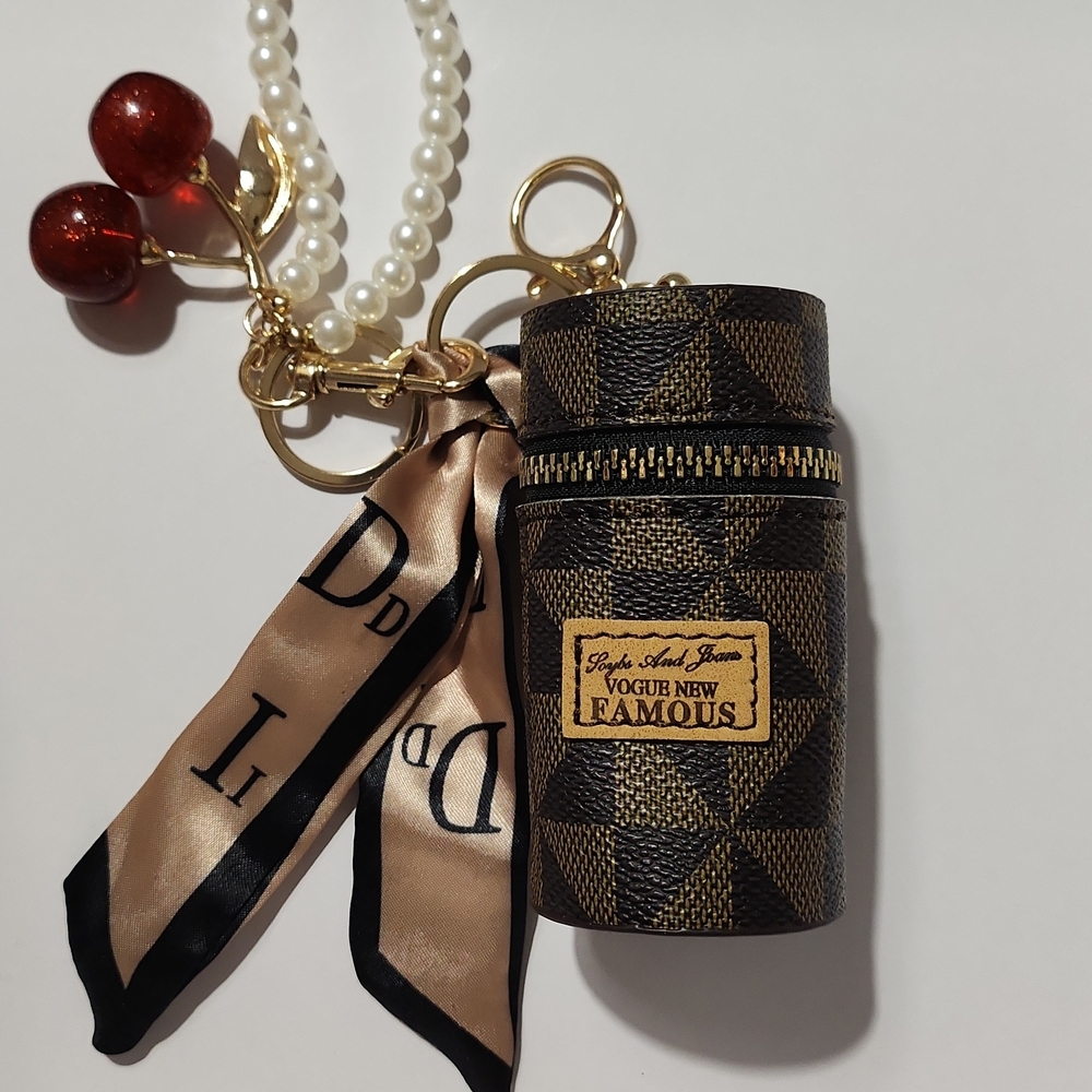 Checkered Keychain Holder with Pearl and Cherry Accents